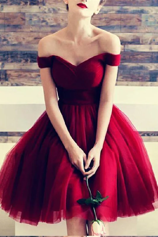 A Line Burgundy Off the Shoulder Tulle Sweetheart Cocktail Dress Homecoming Dresses WK639 A Line Burgundy Off the Shoulder Tulle Sweetheart Cocktail Dress Homecoming Dresses WK639