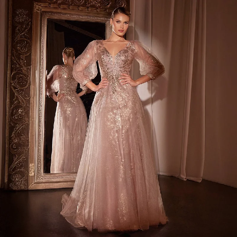 Cinderella Divine Mauve Beaded Long Sleeve A-Line Prom Dress