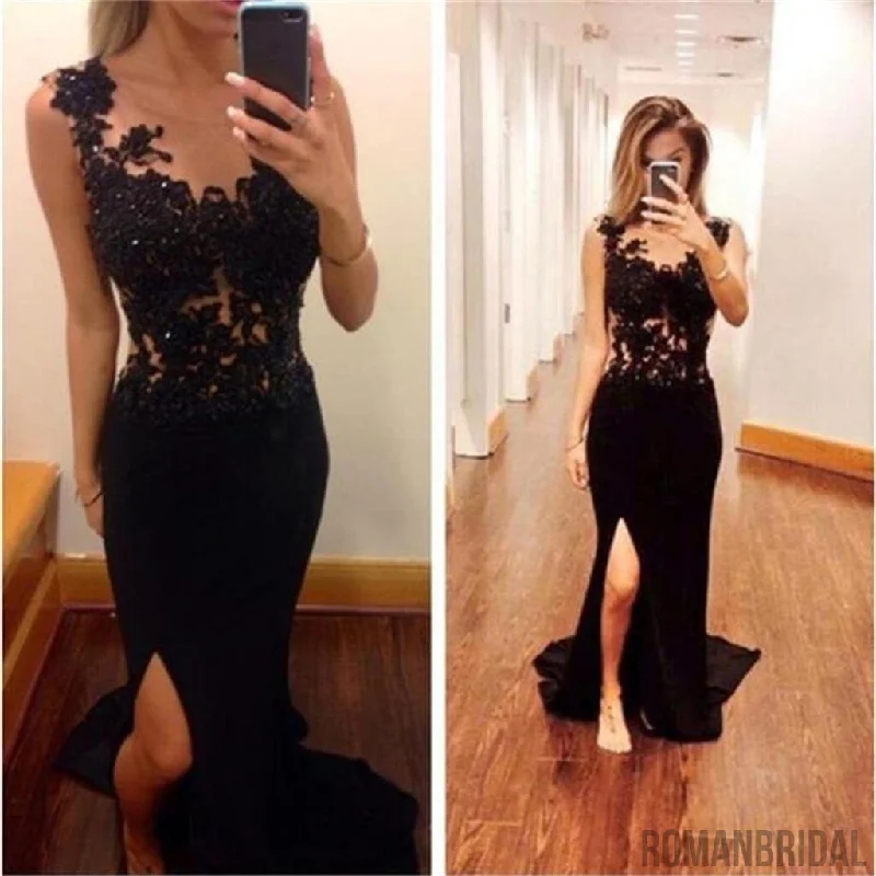 Black Long Sexy Mermaid Side Slit Backless  Lace Prom Dresses,PD0031