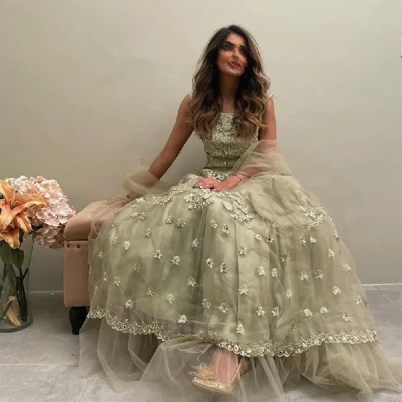 Getadme-Dubai Lace Appliques Embroidery Flower Tulle Evening Dresses A-Line Pleat Ruched Saudi Arabic Women Formal Party Prom Gown
