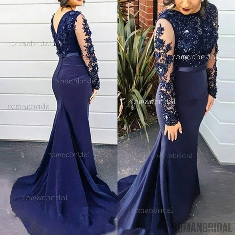 Navy Blue Mermaid Prom Dresses Long Sleeves Appliques Elegant Evening Gowns Prom dresses, PD0492 Navy Blue Mermaid Prom Dresses Long Sleeves Appliques Elegant Evening Gowns Prom dresses, PD0492