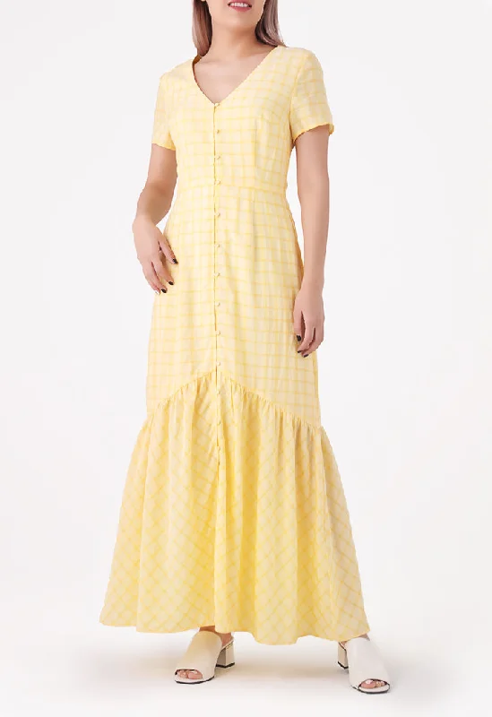 Windowpane Pattern V Neck Dress