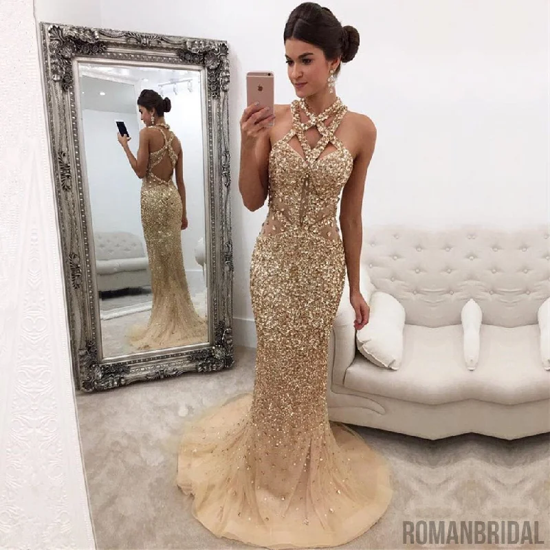 Champagne Mermaid Zipper-Back Crystals Gorgeous Halter Sleeveless Long Prom Dress, PD0500 Champagne Mermaid Zipper-Back Crystals Gorgeous Halter Sleeveless Long Prom Dress, PD0500