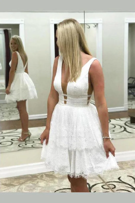 A Line V Neck Lace Short Mini Tiered Prom Dresses White Above Knee Homecoming Dress H1079 A Line V Neck Lace Short Mini Tiered Prom Dresses White Above Knee Homecoming Dress H1079