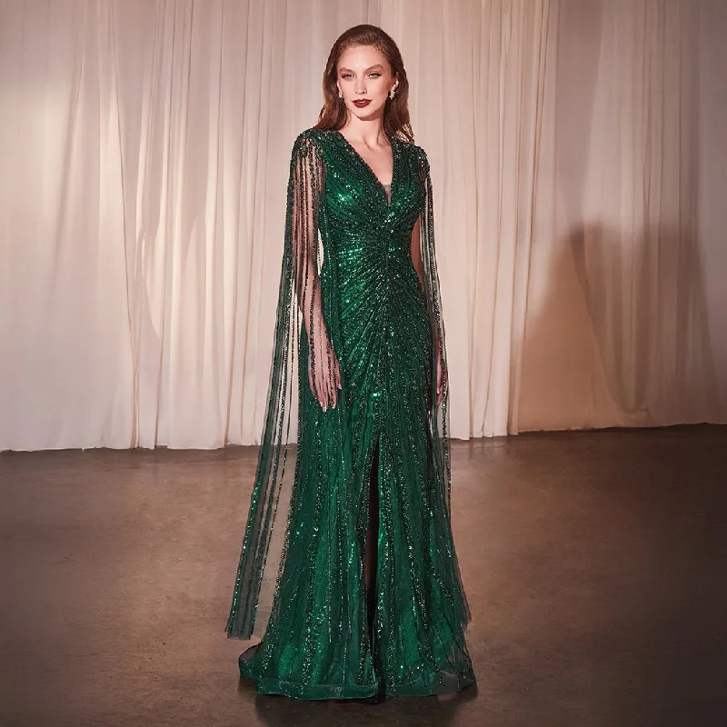 Cinderella Divine Emerald Beaded Cape Sleeve Slit Prom Dress