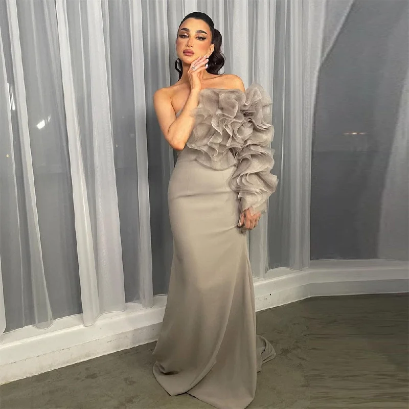 Getadme-Exquisite Tiered Ruffles Mermaid Evening Dresses One Shoulder Pleat Ruched Saudi Arabic Prom Dress Celebrity Party Gowns