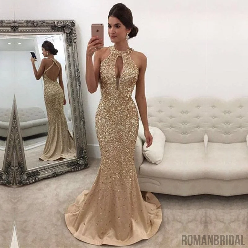 Champagne Sleeveless Crystals Backless Halter Mermaid Gorgeous evening Dress Long Prom Dress, PD0499 Champagne Sleeveless Crystals Backless Halter Mermaid Gorgeous evening Dress Long Prom Dress, PD0499