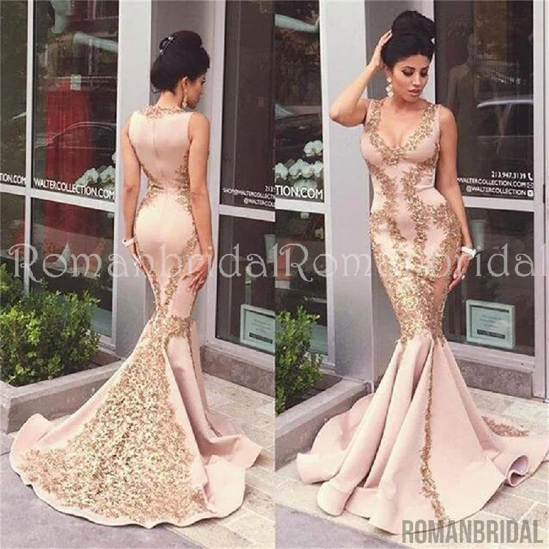 Sexy Mermaid Applique Evening Gown Sleeveless Zipper Sweep Trian Prom Dress, PD0476