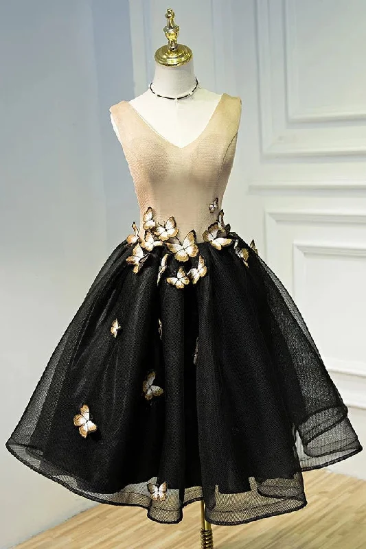 A Line Black V Neck Lace up Homecoming Dresses Sleeveless Prom Dress With Butterfly H1136 A Line Black V Neck Lace up Homecoming Dresses Sleeveless Prom Dress With Butterfly H1136