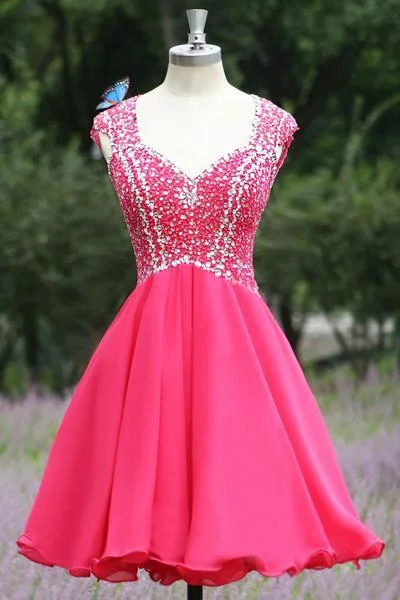 2024 Open Back Hot Pink Short V-Neck Beading Satin Sleeveless Cute Homecoming Dresses WK532 2024 Open Back Hot Pink Short V-Neck Beading Satin Sleeveless Cute Homecoming Dresses WK532