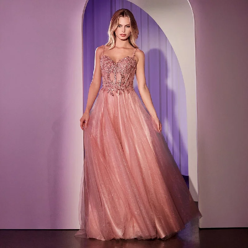 Cinderella Divine Rose Gold Applique Sleeveless A-Line Slit Prom Dress