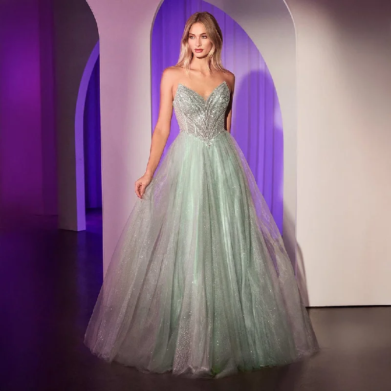 Ladivine by Cinderella Divine Sage Beaded Strapless Tulle Prom Dress