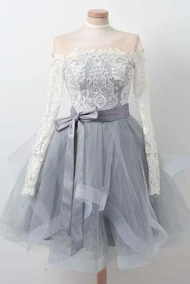 A Line Gray Long Sleeve Scoop Lace Appliques Homecoming Dresses with Belt Prom Dress H1055 A Line Gray Long Sleeve Scoop Lace Appliques Homecoming Dresses with Belt Prom Dress H1055