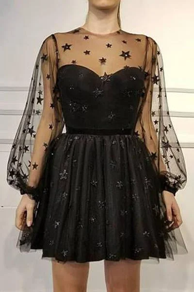 A Line Long Sleeves Tulle Sweetheart Spaghetti Straps with Flowers Black Homecoming Dresses WK955 A Line Long Sleeves Tulle Sweetheart Spaghetti Straps with Flowers Black Homecoming Dresses WK955
