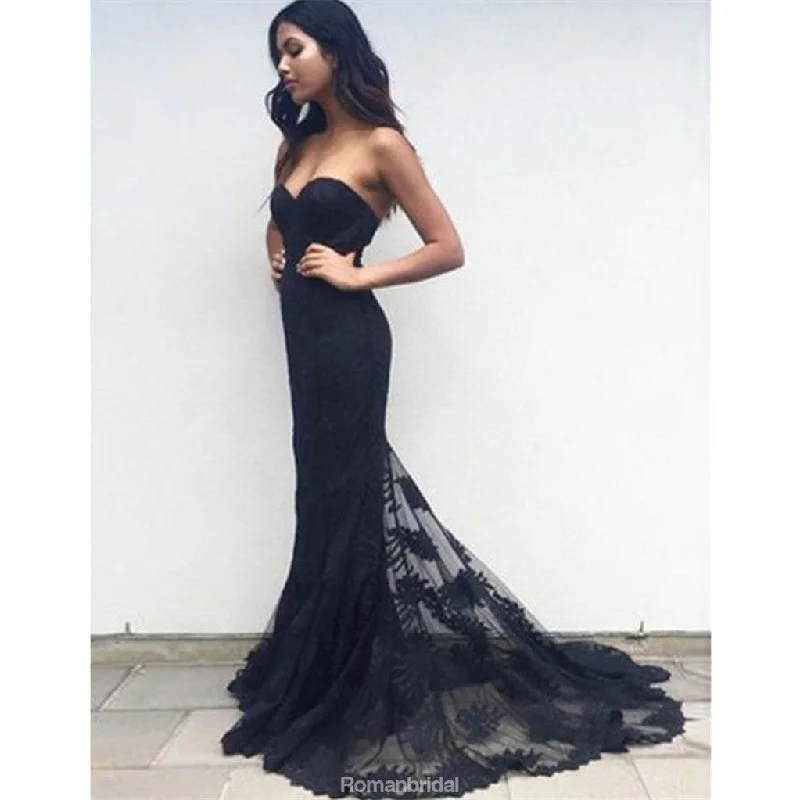 Mermaid Sweetheart Popular Black Lace Long Prom Dresses With Train, PD0540
