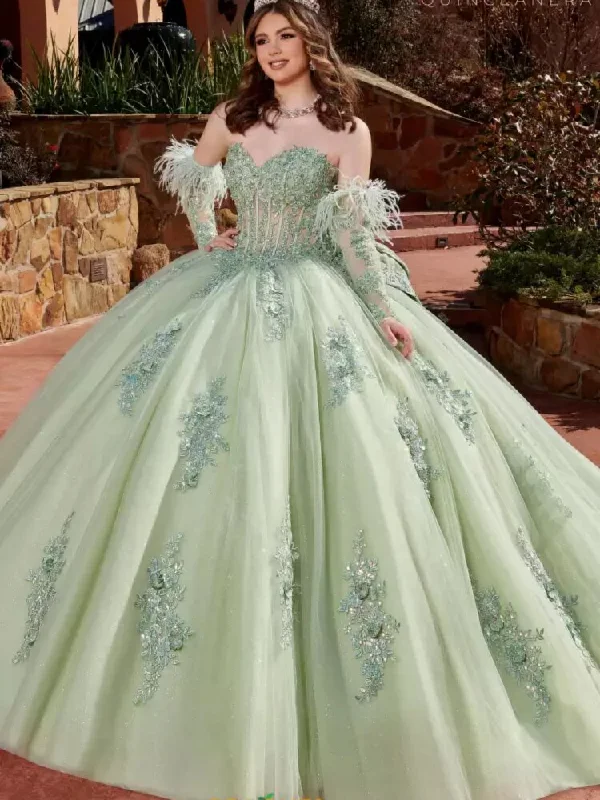 Getadme Sage Green Quinceanera Dresses With Lace Appliqued Feathers Detachable Sleeve Ball Gown Prom Dress Floor Length For 16 Year Old