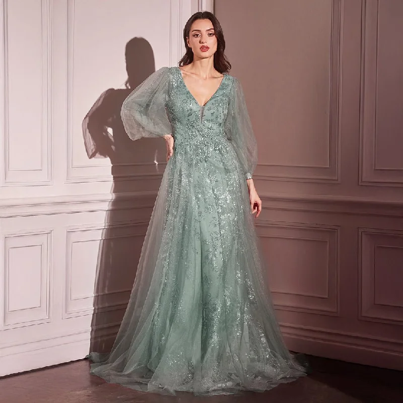 Cinderella Divine Sage Beaded Long Sleeve A-Line Prom Dress