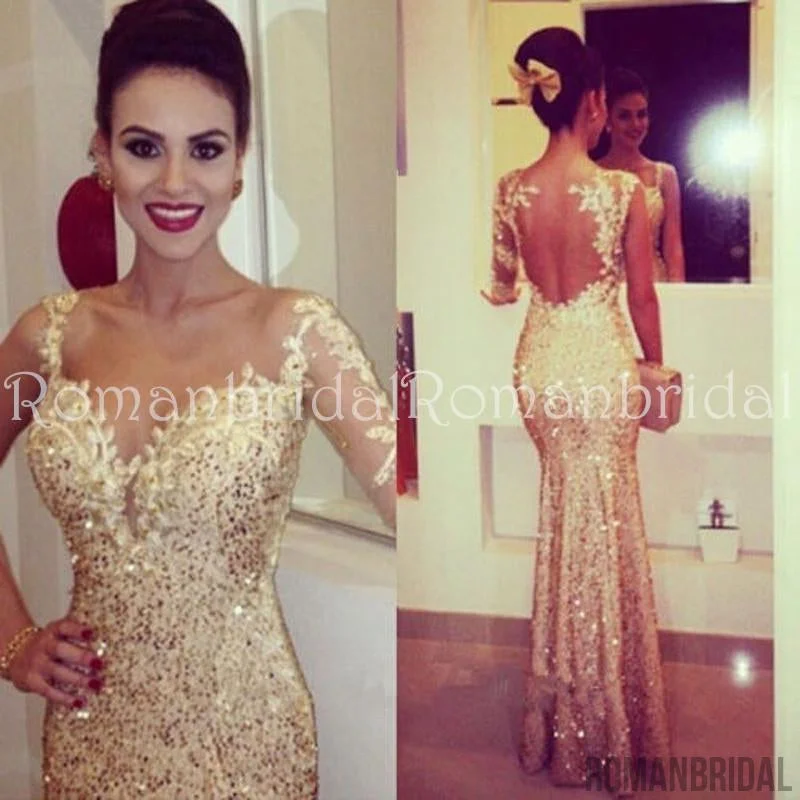 Floor-length Sexy Mermaid Long Sleeve Evening Dresses Gold Sequins and Open Back Long Prom Dress, PD0480 Floor-length Sexy Mermaid Long Sleeve Evening Dresses Gold Sequins and Open Back Long Prom Dress, PD0480