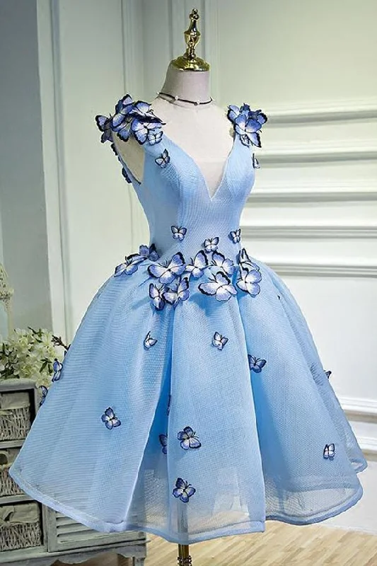 A Line Sky Blue V Neck Lace up Junior Cute Homecoming Dress with Butterfly Flowers WK781 A Line Sky Blue V Neck Lace up Junior Cute Homecoming Dress with Butterfly Flowers WK781
