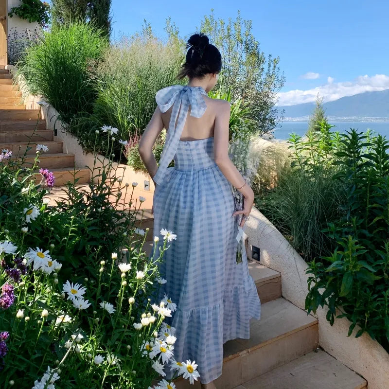 Summer Blue Plaid Maxi Women Dress 2023 Slim Backless Party Vacation Long Dress Female New Elegant Chic Prom Lady Chiffon Dress Summer Blue Plaid Maxi Women Dress 2023 Slim Backless Party Vacation Long Dress Female New Elegant Chic Prom Lady Chiffon Dress