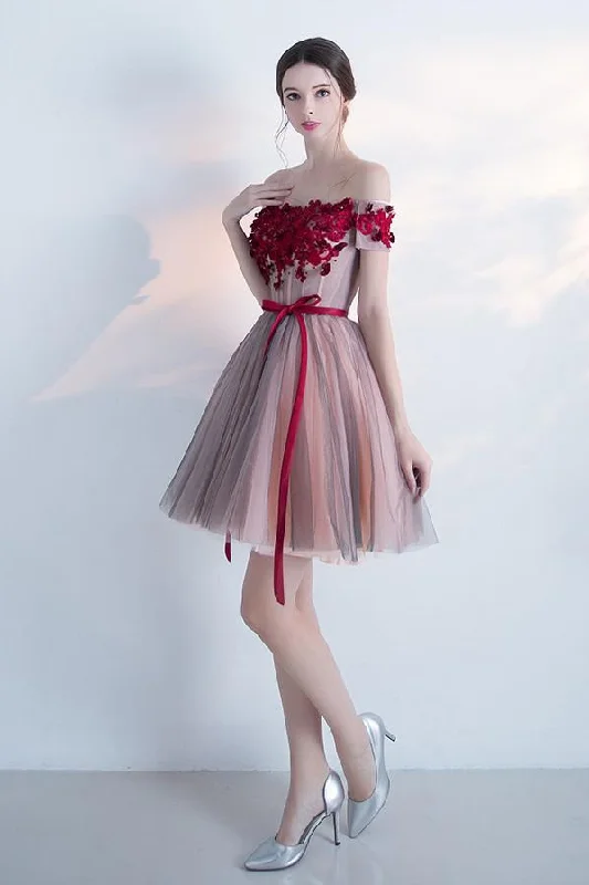 A Line Red Off the Shoulder Above Knee Short Sleeve Flowers Homecoming Dresses WK308 A Line Red Off the Shoulder Above Knee Short Sleeve Flowers Homecoming Dresses WK308