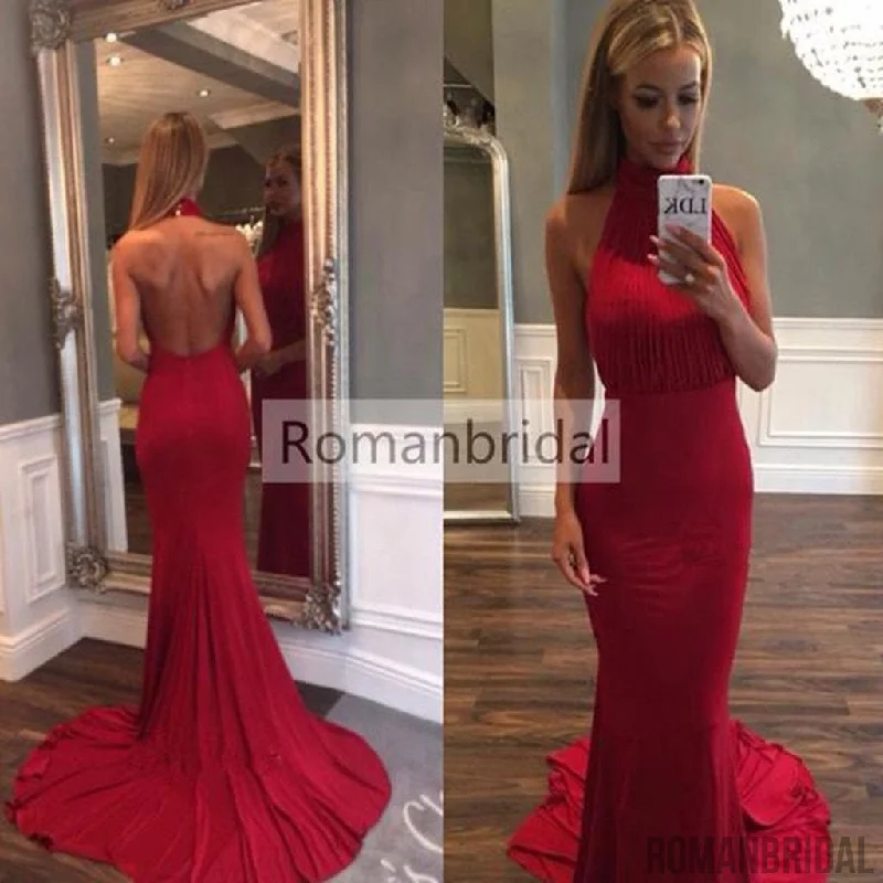 Amazing Red Backless high neck evening dress, Simple Mermaid Ruffles Court-Train Red Backless Prom dress, PD0432 Amazing Red Backless high neck evening dress, Simple Mermaid Ruffles Court-Train Red Backless Prom dress, PD0432
