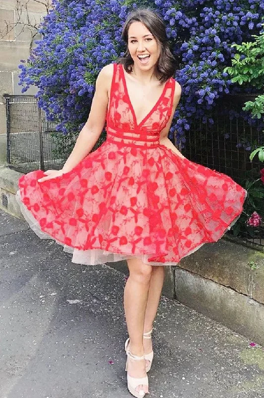 A Line V Neck Short Red Lace Appliques Backless Formal Dresses Homecoming Dresses H1134 A Line V Neck Short Red Lace Appliques Backless Formal Dresses Homecoming Dresses H1134