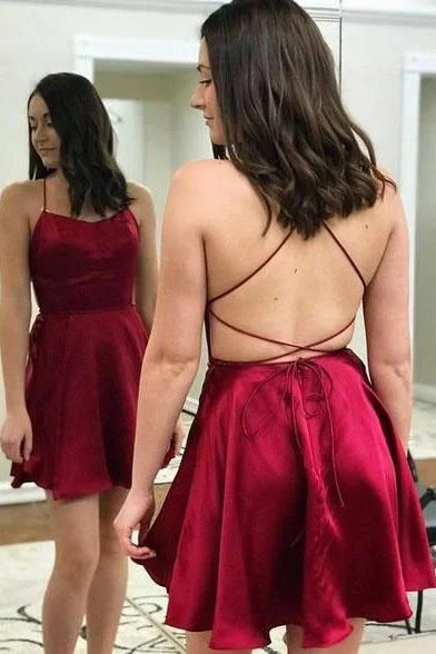 A Line Satin Spaghetti Straps Burgundy Homecoming Dresses Above Knee Short Prom Dresses H1106 A Line Satin Spaghetti Straps Burgundy Homecoming Dresses Above Knee Short Prom Dresses H1106