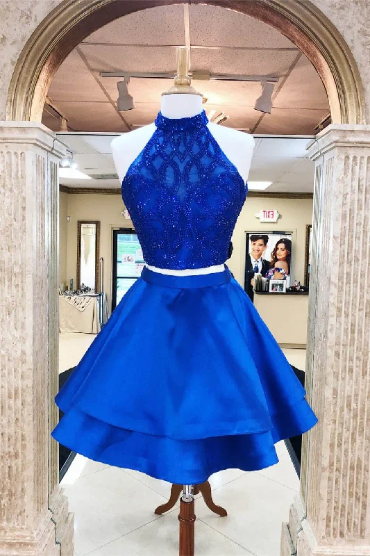 A Line Royal Blue Two Pieces Open Back Beaded Short Prom Dresses Homecoming Dresses WK993 A Line Royal Blue Two Pieces Open Back Beaded Short Prom Dresses Homecoming Dresses WK993