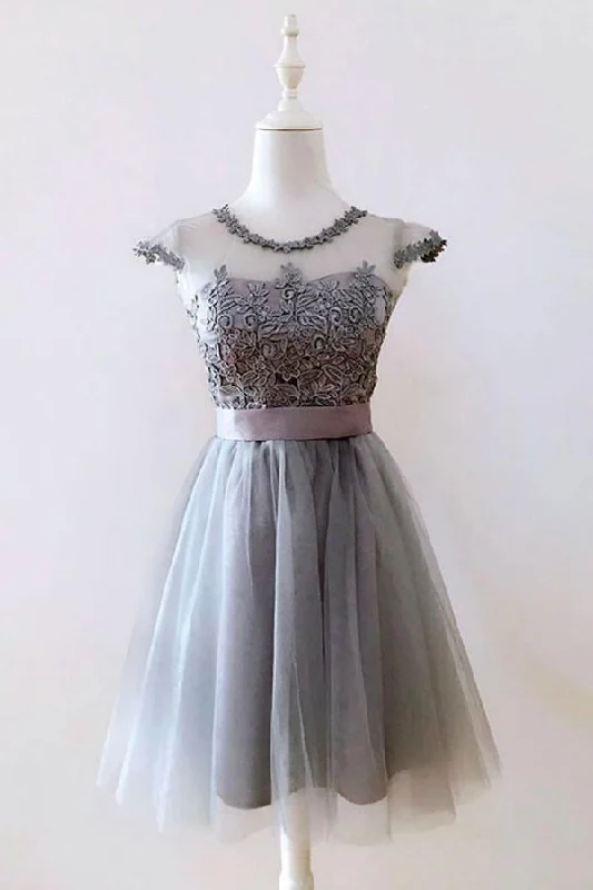 A Line Gray Cap Sleeves Lace up Appliques Tulle Scoop Short Homecoming Dresses WK882 A Line Gray Cap Sleeves Lace up Appliques Tulle Scoop Short Homecoming Dresses WK882