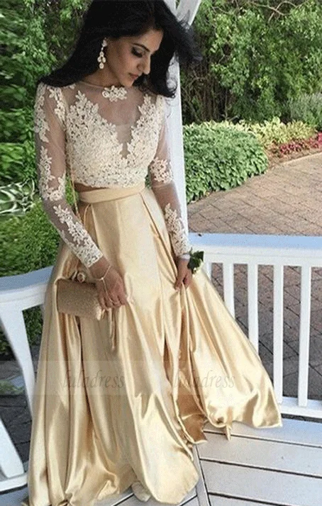 Lace Top Prom Dress,A-line Formal Dress,Prom Dresses with Long Sleeves