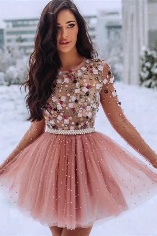 A Line Blush Pink Long Sleeve Homecoming Dresses 3D Flowers Beaded Short Prom Dresses H1140 A Line Blush Pink Long Sleeve Homecoming Dresses 3D Flowers Beaded Short Prom Dresses H1140