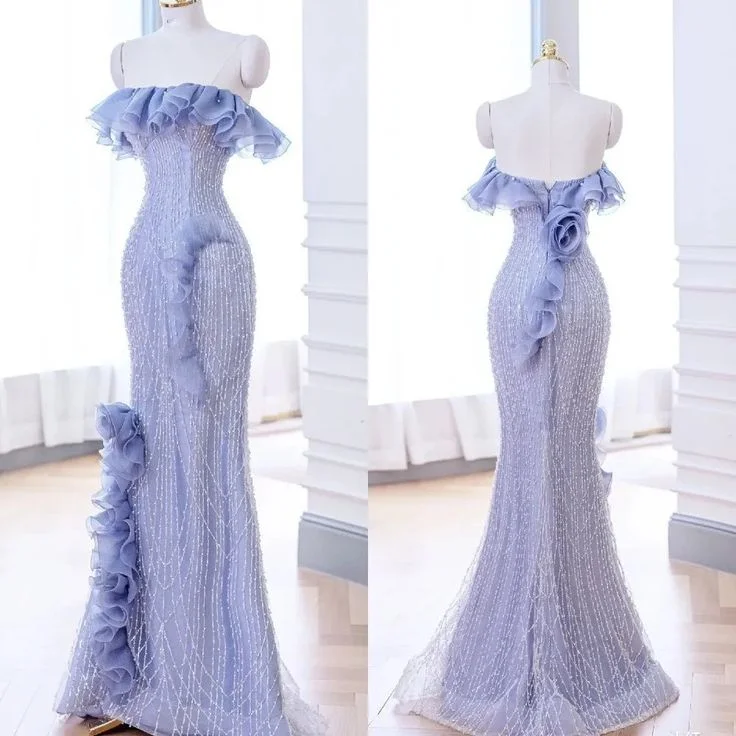 Mermaid Strapless Blue Sequin Prom Dresses Evening Dress     S6909