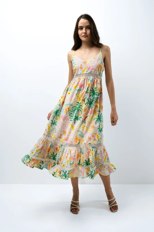 LACE-INSET PRINTED DRESS