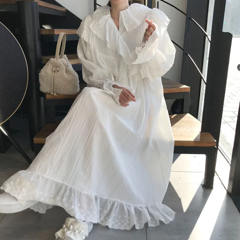 Getadme Elegant Lace Peter Pan Collar Ruffle Pleated Loose White Flared Sleeve Dresses for Women Maxi Casual Swing Clothes Fall