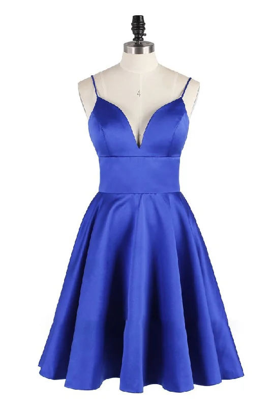 A Line Spaghetti Straps Royal Blue V Neck Backless Satin Knee Length Homecoming Dresses WK838 A Line Spaghetti Straps Royal Blue V Neck Backless Satin Knee Length Homecoming Dresses WK838