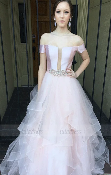 Long Prom Dress, Princess Off the Shoulder Pink Long Prom Dress