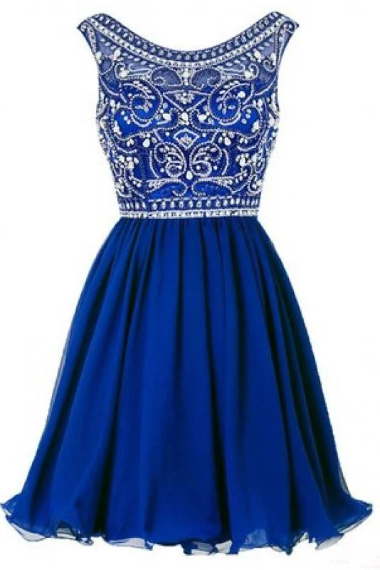 A line Blue Chiffon Scoop Homecoming Dresses with Beads Straps Prom Dresses WK802