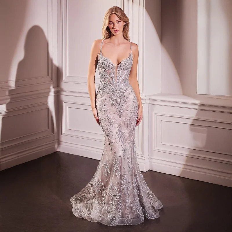 Ladivine by Cinderella Divine Silver Beaded Sleeveless Mermaid Prom Dress