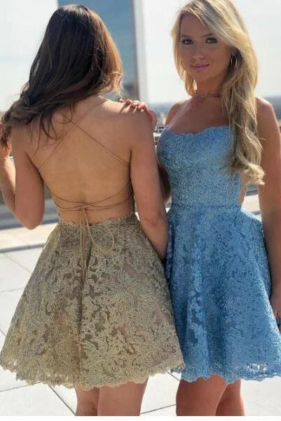 A Line Blue Lace Appliques Homecoming Dresses Backless Above Knee Short Prom Dresses H1138 A Line Blue Lace Appliques Homecoming Dresses Backless Above Knee Short Prom Dresses H1138