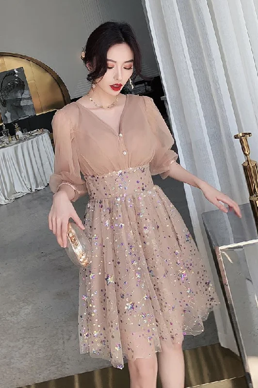 3/4 Sleeve V Neck Pink Knee Length Tulle Homecoming Dresses Short Prom Dresses H1131 3/4 Sleeve V Neck Pink Knee Length Tulle Homecoming Dresses Short Prom Dresses H1131