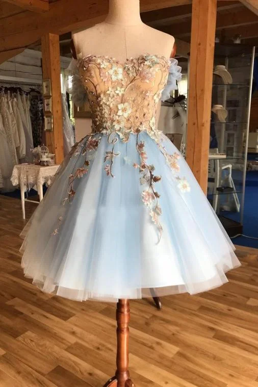 A Line Light Blue Off the Shoulder Above Knee Homecoming Prom Dress with Appliques WK939 A Line Light Blue Off the Shoulder Above Knee Homecoming Prom Dress with Appliques WK939