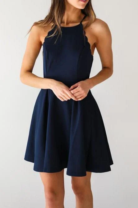 A Line Dark Navy Cute Halter High Neck Satin Short Homecoming Dress WK267
