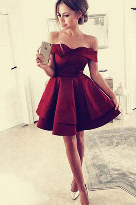 A Line Satin Burgundy Off the Shoulder Sweetheart Above Knee Homecoming Dresses WK926 A Line Satin Burgundy Off the Shoulder Sweetheart Above Knee Homecoming Dresses WK926
