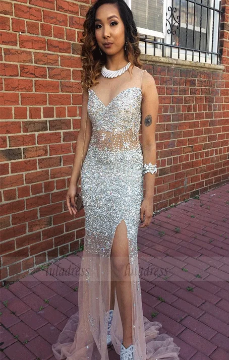 Charming Prom Dress,Crystal Beaded Mermaid Prom Dress with Slit