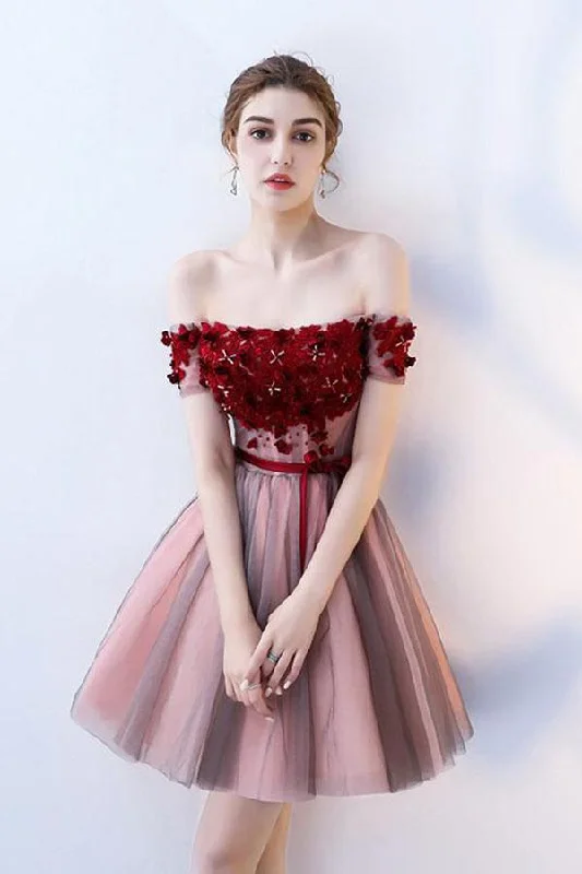 A Line Strapless Off the Shoulder Red Flowers Short Tulle Lace up Homecoming Dresses WK876 A Line Strapless Off the Shoulder Red Flowers Short Tulle Lace up Homecoming Dresses WK876