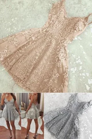 A Line Spaghetti Strap V Neck Lace Silver Homecoming Dresses Mini Short Prom Dresses H1313 A Line Spaghetti Strap V Neck Lace Silver Homecoming Dresses Mini Short Prom Dresses H1313