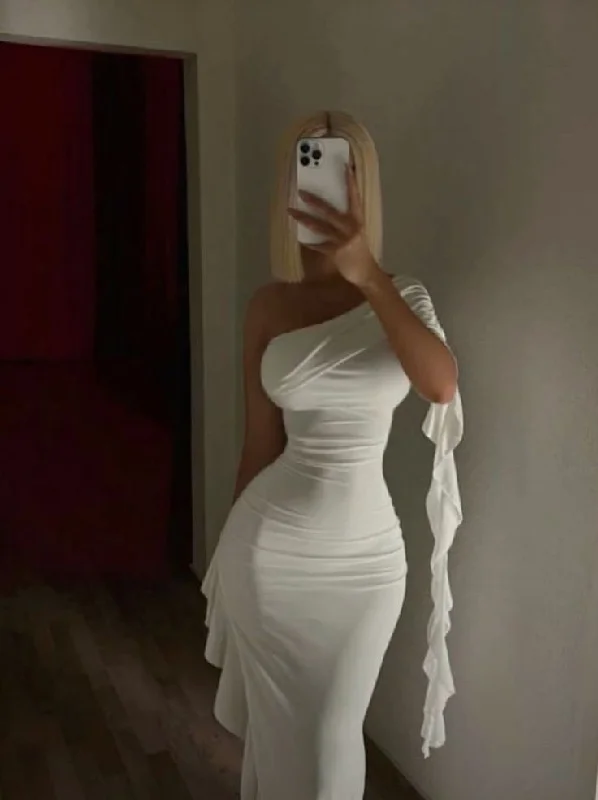 White One Shoulder Long Evening Dresses Prom Gown     S6977