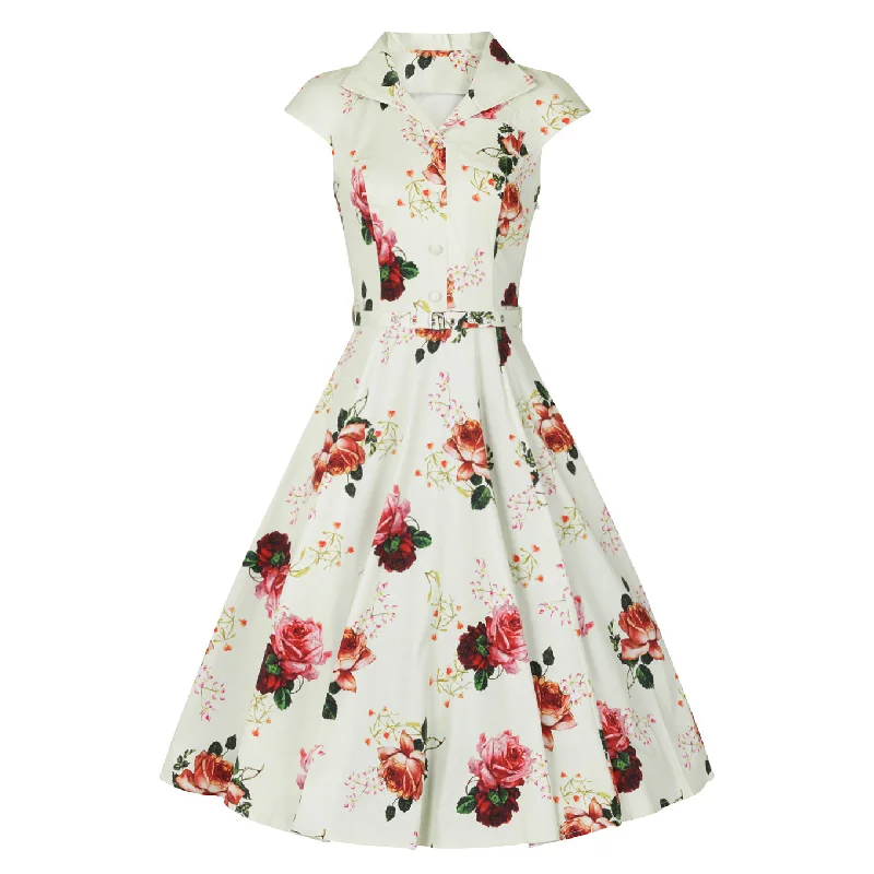 Cream Floral Print Shirt Style Tea Dress