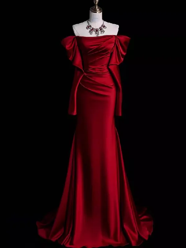 Mermaid Off The Shoulder Burgundy Long Satin Prom Dresses      S6911